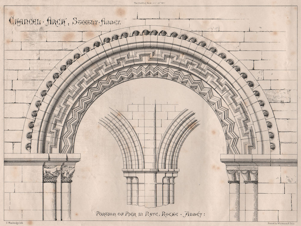Portion of pier in nave, Roche Abbey; Chancel Arch, Sleegly Abbey 1867 print